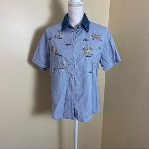 Vintage 90s Cat Floral Embroidered Gingham Shirt Buttons Cottagecore Whimsical